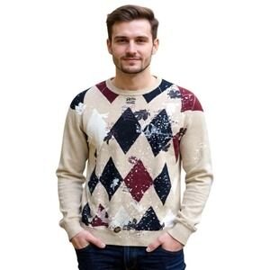 RETRO Argyle Patchwork Sweater 2XL Oversized Embroidered Jumper Indigo Red NWOT